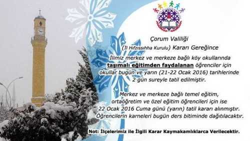 22.01.2016 Cuma günü 1 gün süreyle tatil edilmiştir. 
