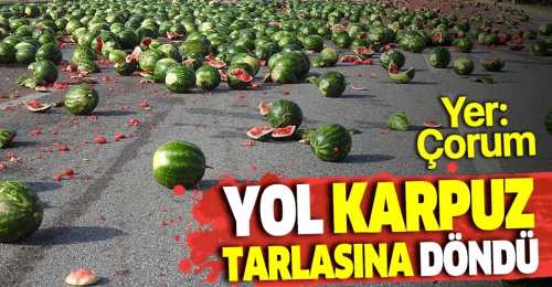 Çorum'da tır devrildi, yol karpuz tarlası gibi oldu