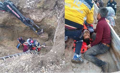 Göçük altında kalan işçiyi itfaiye ve köylüler kurtardı