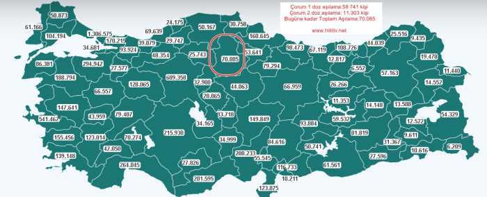 Çorum bugüne kadar 70 Bin aşılama yaptı 