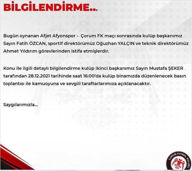 Çorum FK yönetimi  Afyonspor maçı sonrası İstifa etti!