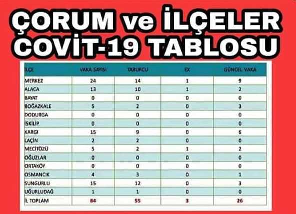 Çorum Geneli  Koronavirüs'te son durum
