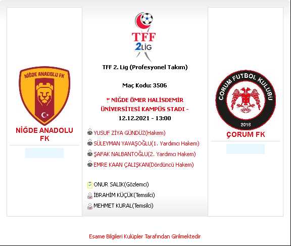 Niğde Anadolu FK- Çorum FK maçının hakemleri belli oldu