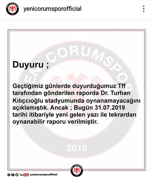 Yeni Çorumspor'un maçları Dr. Turhan Kılıçcıoğlu Stadyumu'nda